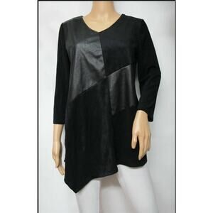 Chico's Travelers Black 3/4 Sleeve Faux Leather/Knit Asymmetrical Top Sz 12/14
